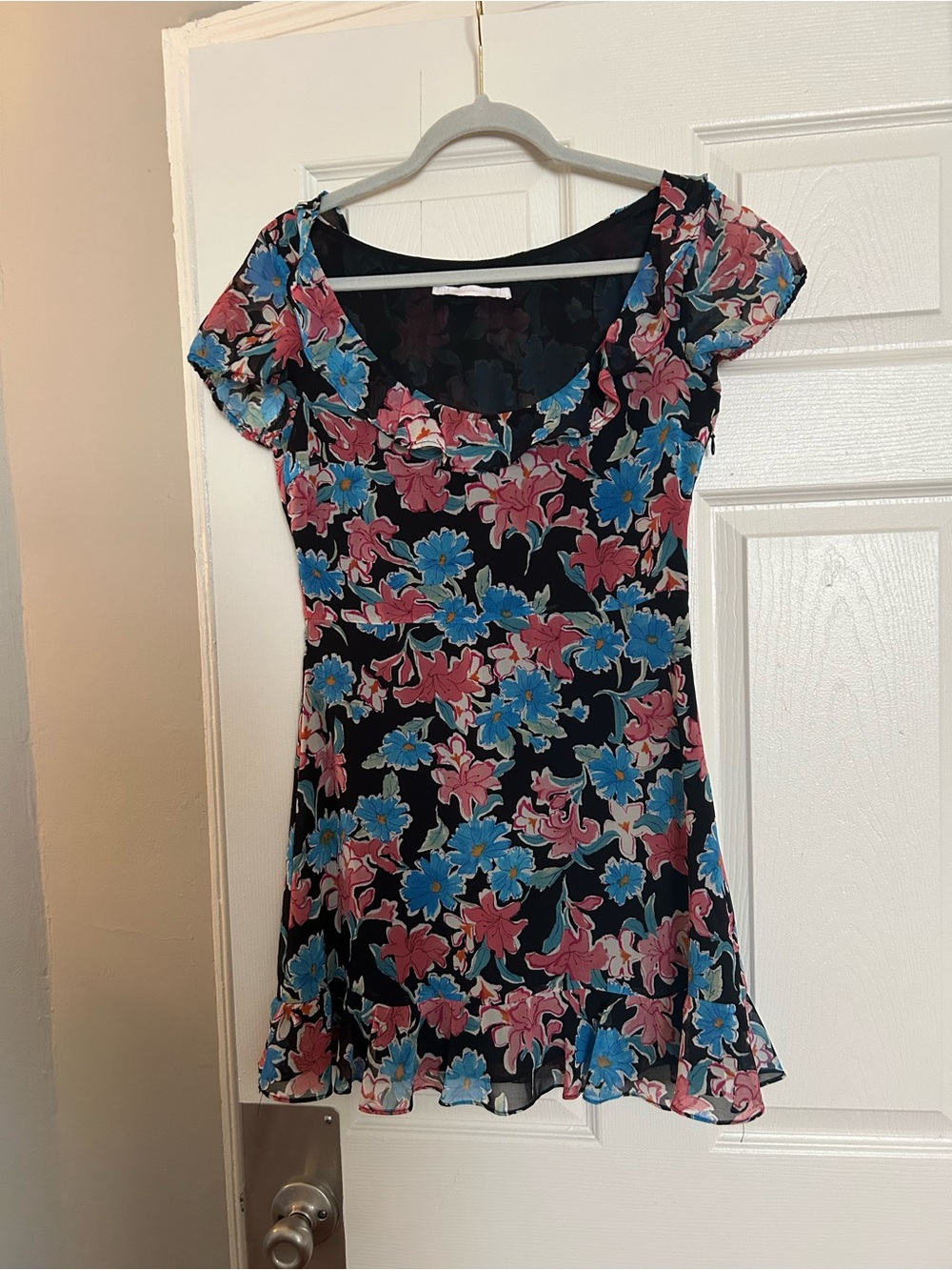 Black Floral Scoop Neck Mini Dress with Pink & Blue Flowers